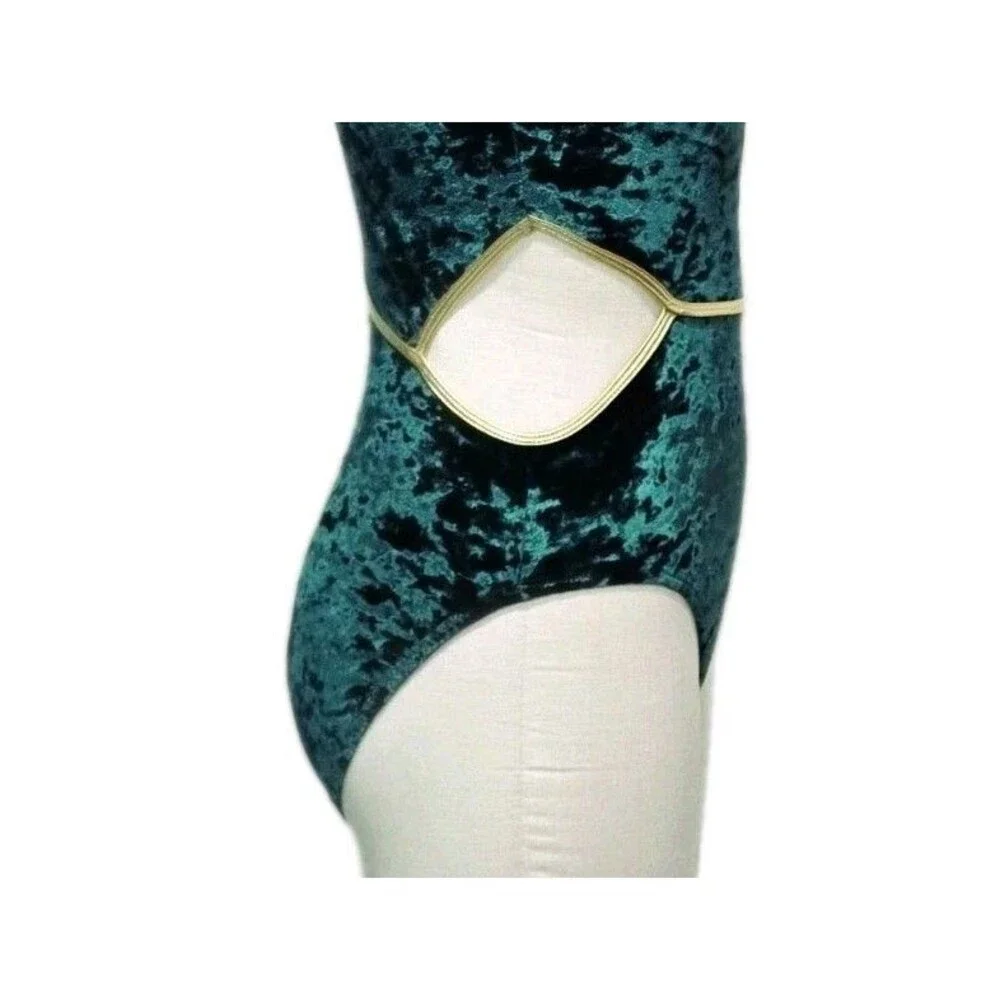 Satara Crushed Velvet Cutout Leotard Green Gold Bling Kids CS Elfcore Fairycore